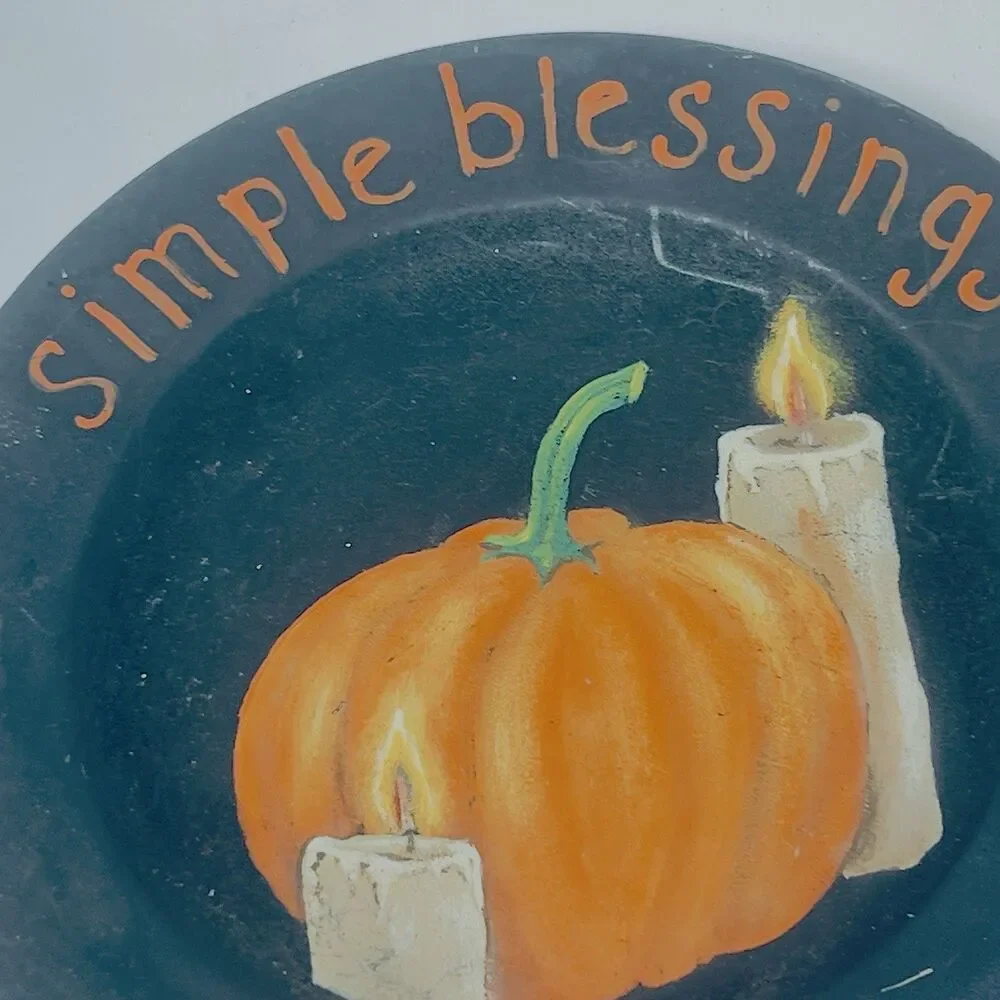 Primitive Simple Blessings Autumn Fall Plate Black w/ Pumpkin Hand Painted  9”